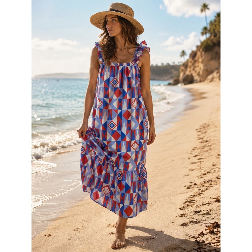 NWT Printfresh Underwater Mosaic Ruffle Tiered Maxi Dress M Resort Beach Summer